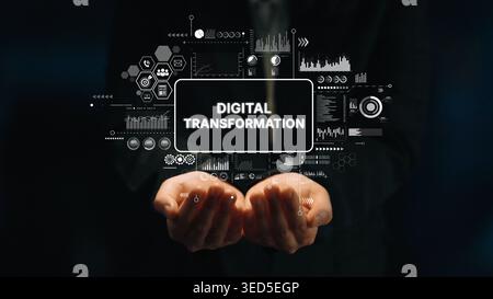 Hands Holding Digital Transformation Concept with Graphs and Statistics for Business Innovation and Technology Advancement. Asymptotic smart data Stock Photo