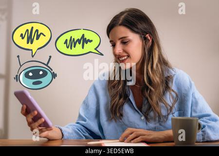 Woman using a smartphone to interact with an AI chatbot in a casual home setting, featuring digital speech bubbles and waveforms. Stock Photo