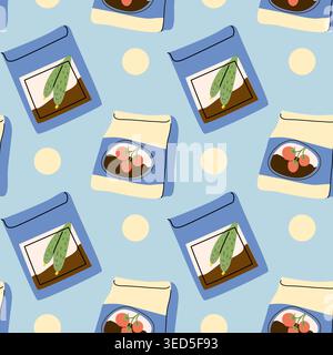 A seamless pattern of seed packets featuring cucumbers and tomatoes in a flat cartoon style. Ideal for gardening themed textiles, packaging, and promo Stock Vector