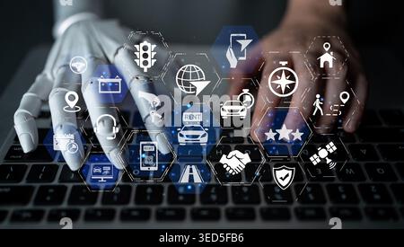 AI assisted car rental service showing online booking, GPS navigation and vehicle sharing icons representing mobility and modern digital rental Stock Photo