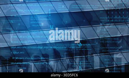 Abstract digital visualization featuring blue binary code layered over a modern cityscape reflected on a sleek glass building, representing technology Stock Photo