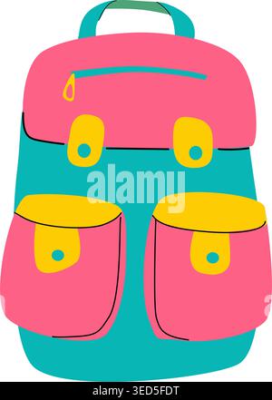 Colorful backpack with multiple pockets isolated on white background. Stock Vector