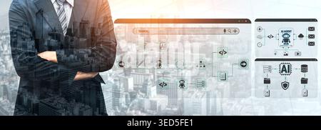 Modern Businessman Overlooking a City With Digital Technology Icons and Interface Design Representing Artificial Intelligence Integration in Business Stock Photo