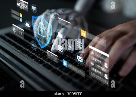 A robotic hand interacts with a laptop, showcasing a dynamic view of cybersecurity elements, reflecting the integration of technology and data Stock Photo