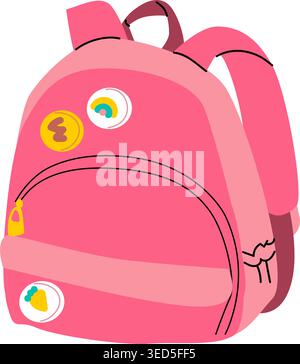 Pink backpack with colorful stickers and zipper. Stock Vector