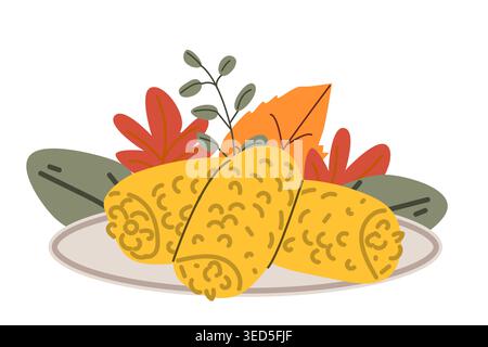 Colorful autumn-inspired corn illustration on plate with leaves. Stock Vector