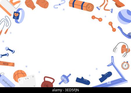 Colorful fitness equipment frame with weights, yoga mat, sneakers, dumbbells, and stopwatch. Stock Vector