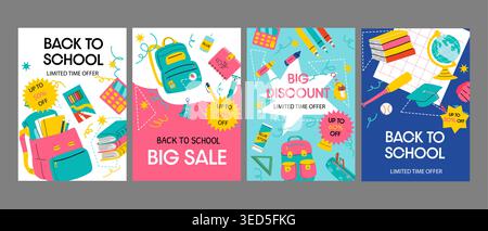 Set of back to school sale poster designs with kindergarten, college and elementary school supplies, y2k trendy elements, bright backgrounds, and educ Stock Vector