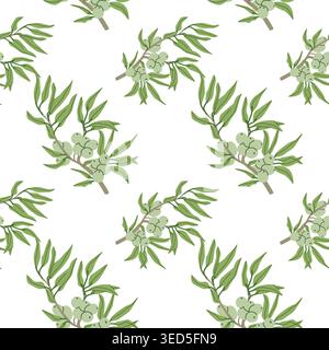 A seamless pattern of olive branches with green leaves and olives. Ideal for textile design, packaging, and decor, reflecting Mediterranean garden aes Stock Vector