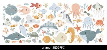 Playful marine creatures with whales, dolphins, octopus, sharks, and starfish, jellyfish, anglerfish, angelfish, turtle, porcupine puffer fish, goldfi Stock Vector