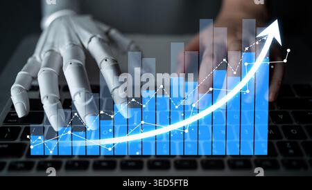 A robotic hand interacts with a digital graph on a keyboard, illustrating the integration of AI in business analytics. This image symbolizes growth Stock Photo