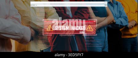 This image represents a cybersecurity threat with a warning message over a background of diverse individuals, highlighting the importance of security Stock Photo
