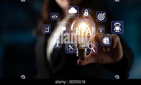Businessperson Holding a Light Bulb with Digital Icons Representing Robotic Process Automation and Innovative Concepts in the Background Fluxor. Stock Photo