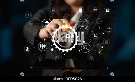 A business process automation and operations management system. A concept for integrating and automating core business functions for efficiency. Motif Stock Photo