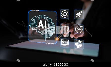 Futuristic Concept with AI Brain, Digital Interface, and Business Analytics Representations for Technology and Innovation in Modern Workspace Quark. Stock Photo
