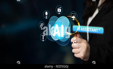Innovative AI Assistant Concept with Magnifying Glass and Digital Icons for Technology and Future Design Quark. Stock Photo