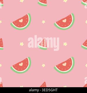 Seamless watermelon pattern with heart detail on pink background Stock Vector