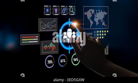 Hand Touching Interactive Digital Graphs and User Interface with Analytics and Data Visualization Elements in a Technology Concept Fluxor. Stock Photo
