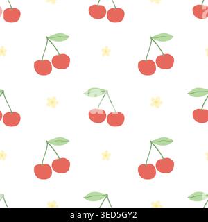 Seamless cherry pattern with flowers in cute flat style Stock Vector