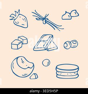 Sweet food doodle set: desserts, Chocolate and candy in hand drawn style Stock Vector