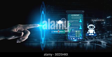 Futuristic Interface with AI Chatbot and Data Visualization, Hand Touching Digital Screen with Cloud Computing and Communication Elements Fluxor. Stock Photo