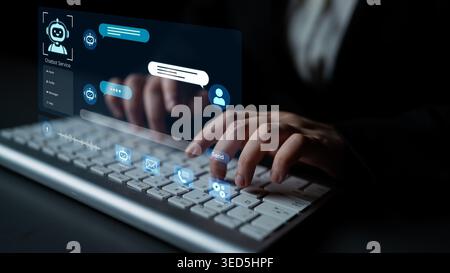 Modern AI chatbot service dashboard featuring 24 7 automated AI support, voice recognition, and omnichannel NLP AI communication. Customer experience Stock Photo