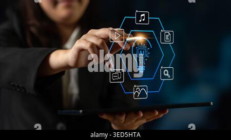 A business professional engages with a digital interface displaying key concepts of artificial intelligence, symbolizing innovation and technology in Stock Photo