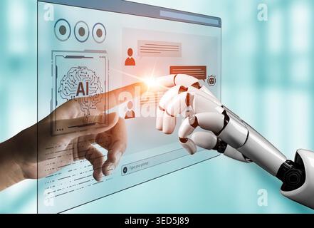 A generative AI assistant displays its own conversational interface. Users can type prompts to interact with the chatbot for intelligent support and Stock Photo