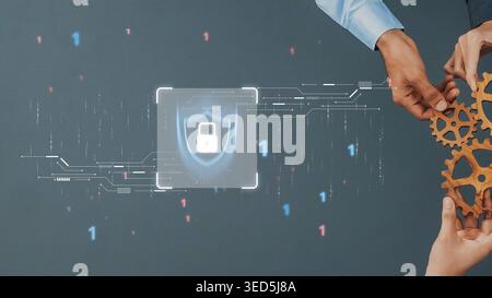 The image depicts two business professionals exchanging gears in front of a digital shield icon, symbolizing secure data exchange in modern Stock Photo