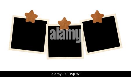 Three photo frame with star-shaped adhesive tape pieces. Pictures album grid for scrapbooking. Vintage style mood board layout. Isolated on white back Stock Photo