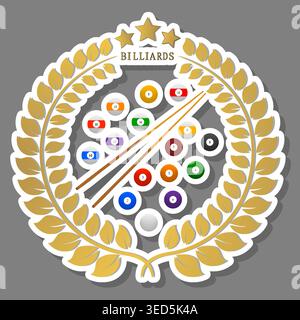 Illustration on theme modern emblem with long wooden cue for billiards sport, logo consisting of sport sign with decorative flourishes cue for billiar Stock Vector