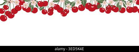 Seamless border with red cherries and leaves Stock Vector
