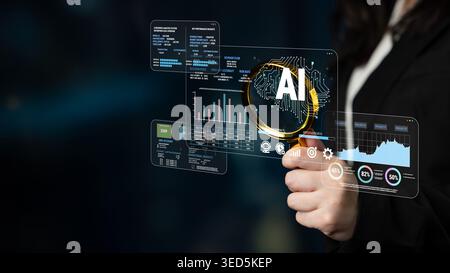 Futuristic Interface Displaying Artificial Intelligence Data and Analytics with Woman Holding Magnifying Glass in Dark Background Fluxor. Stock Photo