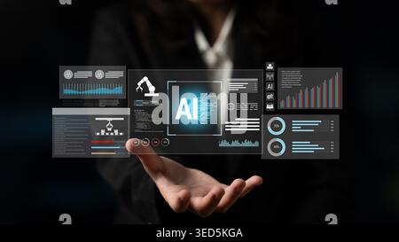 Artificial intelligence improves industrial automation, optimizing data analytics, precision robotics, and smart factory operations to enhance Stock Photo
