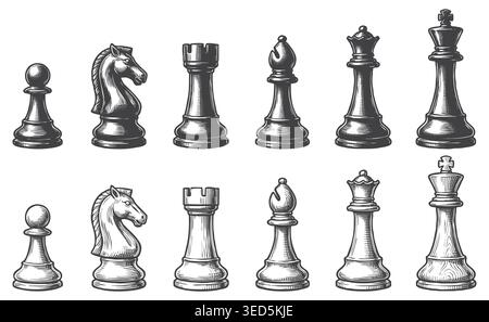 A complete set of classic chess pieces illustrated in a highly detailed vintage engraving style, featuring kings, queens, knights, rooks, bishops, and Stock Vector