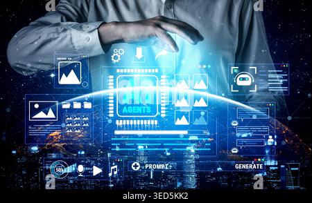 Futuristic Human Interaction with AI Technology in a Digital Universe Representing Data Visualization and Algorithmic Innovation Quark. Stock Photo