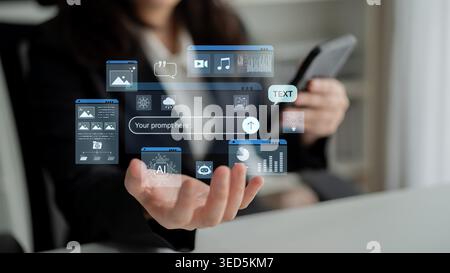 Prompt driven AI interface enabling text, image vision, audio and media video data neural asset and tool in smart creation chat workspace edit. Future Stock Photo
