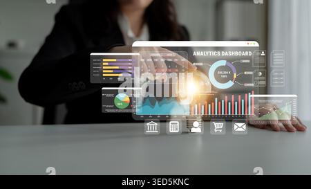 Business professional interacting with advanced analytics dashboard displaying data insights and performance metrics in modern office setting Haptic. Stock Photo