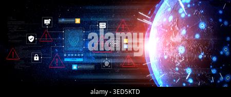 An abstract depiction of cybersecurity, featuring a digital globe and various symbols representing data connections, threats, and protective measures Stock Photo