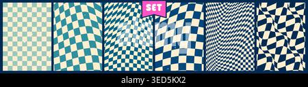 Pack of psychedelic checkerboard color posters. Retro abstract aesthetic blue tone pictures. Stock Vector