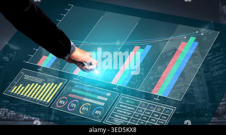 Modern Business Graphs and Charts Displaying Financial Data with Hand Interaction in Digital Environment Fluxor. Stock Photo