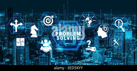 Creative Problem Solving Concept with Iconic Symbols Depicting Strategies and Solutions in a Modern Urban Environment Fluxor. Stock Photo