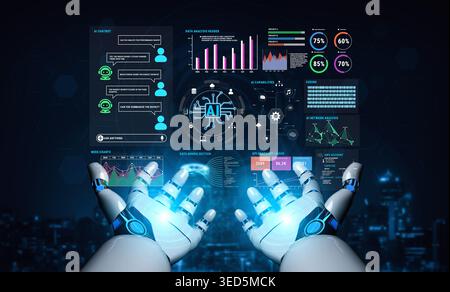 Futuristic Robotic Hands Interacting with Artificial Intelligence Data and Visualizations on a Digital Background Fluxor. Stock Photo