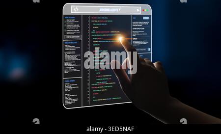 Futuristic Touchscreen Interface Displaying Code with User Interaction in a Dark Environment Quark. Stock Photo