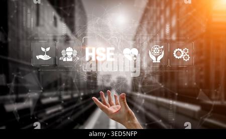 Conceptual image illustrating health, safety, and environment management with digital icons representing sustainability, care, and technology over an Stock Photo