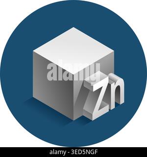Zinc 3D icon - emblem of Zn chemical metal element. As food or medical component or material. Vector illustration Stock Vector