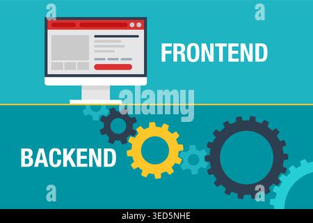Frontend and Backend Development. User interface with gears mechanism underground. Flat vector illustration Stock Vector