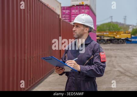 Dedicated industrial worker examining logistics paperwork to manage supply chain distribution and cargo safety at shipping yard, suitable for transpor Stock Photo
