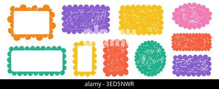 Scribble crayon doodle scalloped frames set. Chalk grunge girly blobs for text. Fluffy, wiggle label, stamp. Wavy whimsical edges curly doodle border. Vector illustration Stock Vector