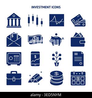 Finance and money silhouette icon set in flat style. Banking and investment activities symbols isolated on white background. Vector illustration. Stock Vector